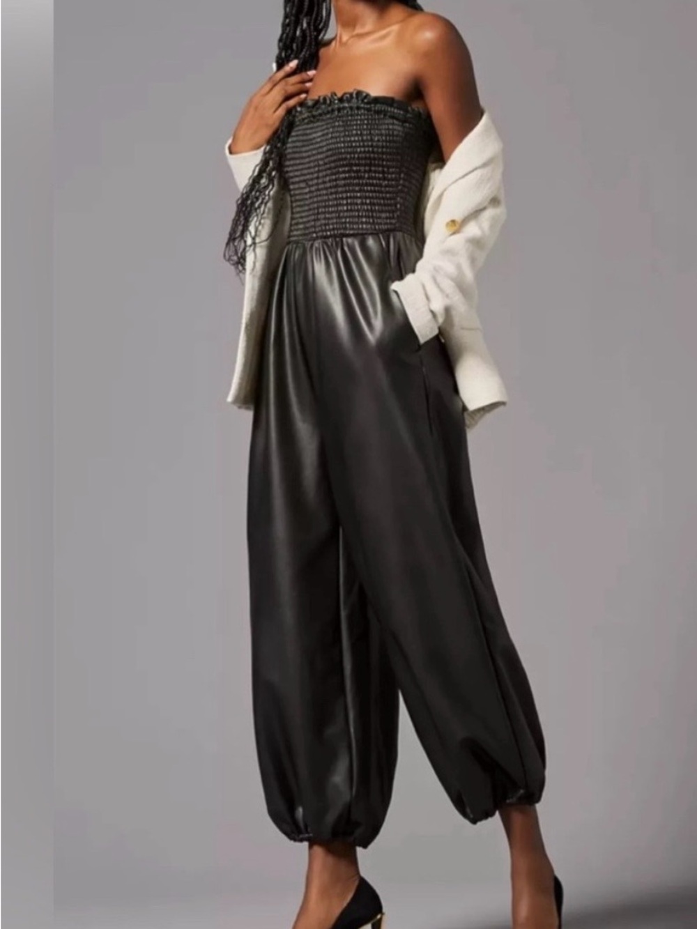 Black Faux Leather Balloon Jumpsuit with Smocked Bodice